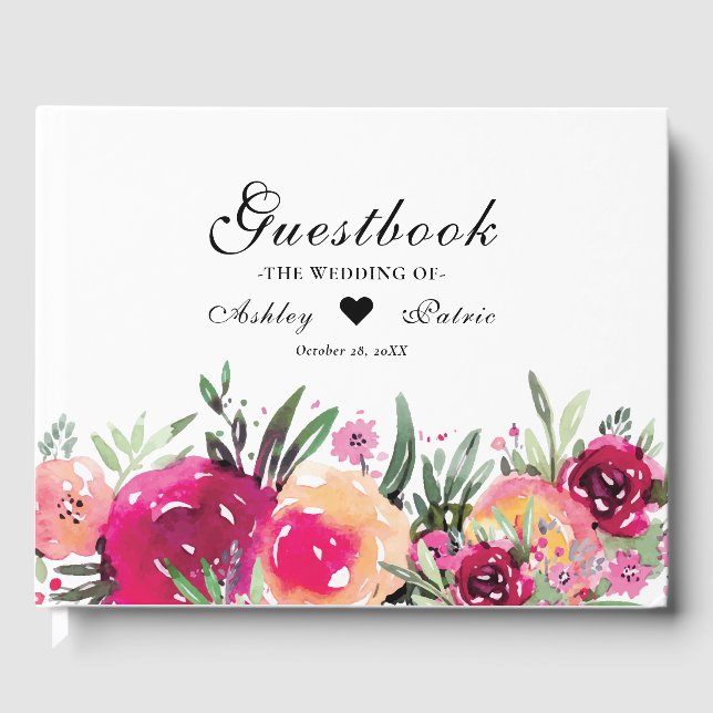 Watercolor Floral Pink Wedding Guest Book (Front)