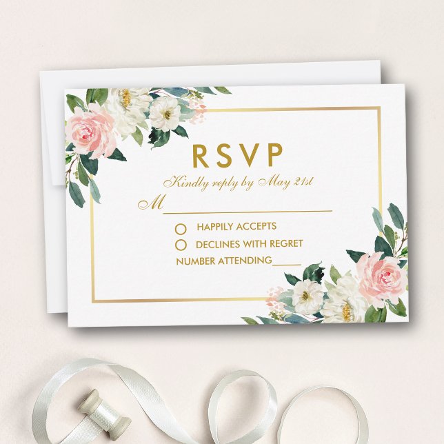 Watercolor Floral Pink White Gold Wedding RSVP (Customize to change size, style or text color.)