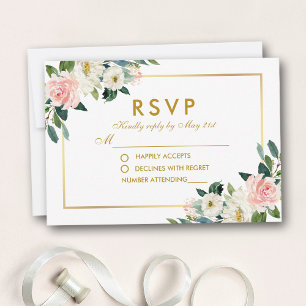 Watercolor Floral Pink White Gold Wedding RSVP Card