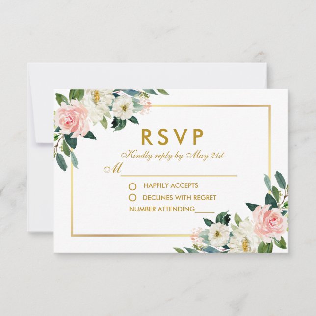 Watercolor Floral Pink White Gold Wedding RSVP Pk (Front)