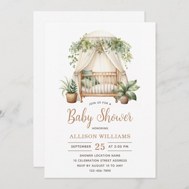 Watercolor Floral Plant Gender Neutral Baby Shower Invitation (Front/Back)