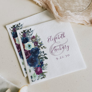 Watercolor Floral Plum Navy Blue Wedding Napkin