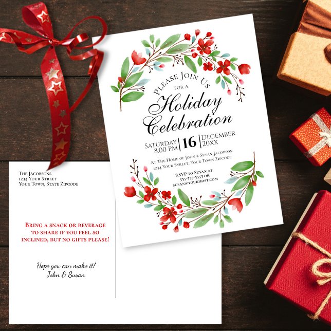 Watercolor Floral Pretty Christmas Holiday Party Invitation Postcard (In Situ Front/Back)