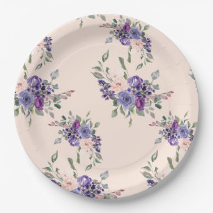 Watercolor Floral Pretty Flowers Purple Pink Paper Plate