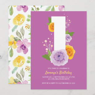 Watercolor Floral Pretty Kids 1st Birthday Party Save The Date