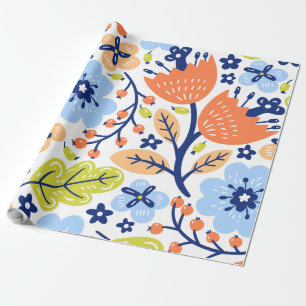 Watercolor Floral Print in Orange Green Foliage Wrapping Paper