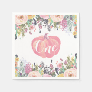 Watercolor Floral Pumpkin First Birthday Pink Napkin