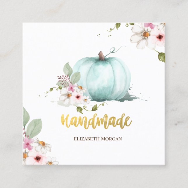 Watercolor Floral Pumpkin,Handmade  Square Business Card (Front)