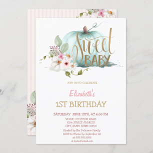 Watercolor Floral Pumpkin Striped Birthday Invitation