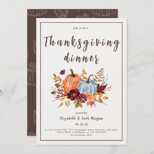 Watercolor Floral Pumpkin Thanksgiving Dinner Invitation