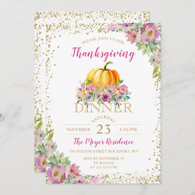 Watercolor Floral Pumpkin Thanksgiving Invitation (Front/Back)