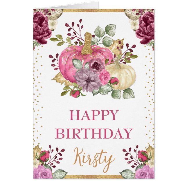 Watercolor Floral Pumpkins Fall Birthday Card (Front)