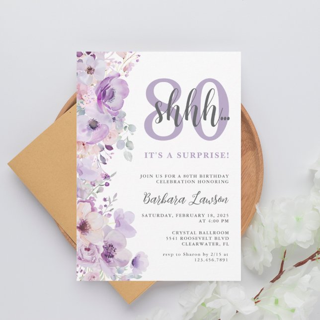 Watercolor Floral Purple 80th Birthday  Invitation (Creator Uploaded)