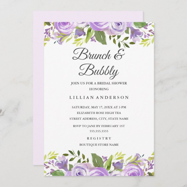 Watercolor Floral Purple Bridal Brunch And Bubbly Invitation (Front/Back)