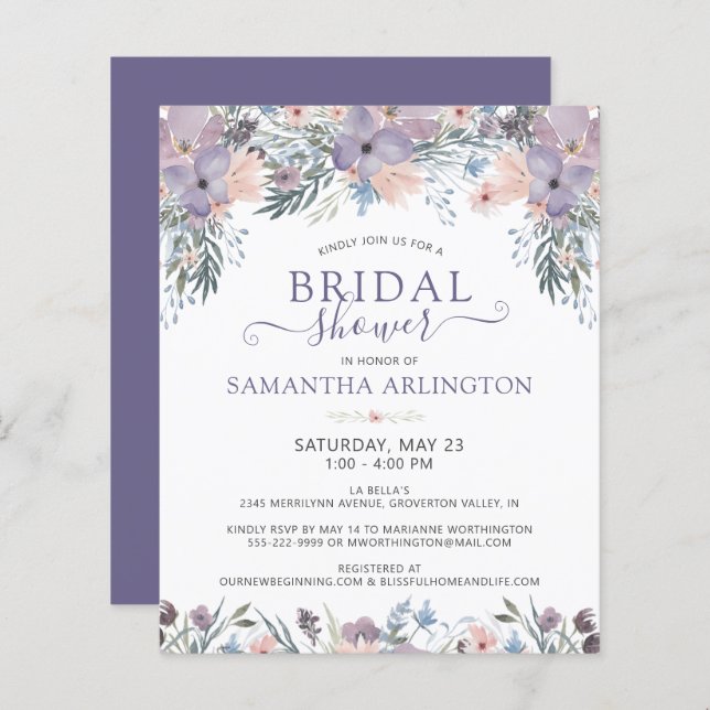 Watercolor Floral Purple Bridal Shower Invitation (Front/Back)