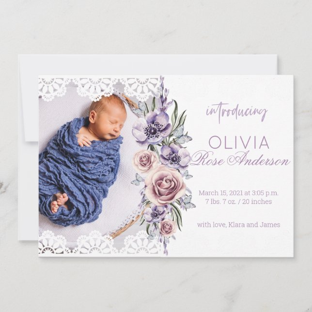 Watercolor Floral Purple Girl Birth Announcement (Front)