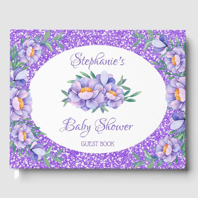 Watercolor Floral Purple Glitter Baby Shower Guest Book (Front)