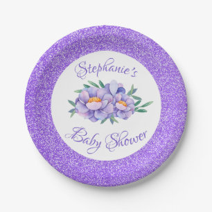 Watercolor Floral Purple Glitter Baby Shower Paper Plate
