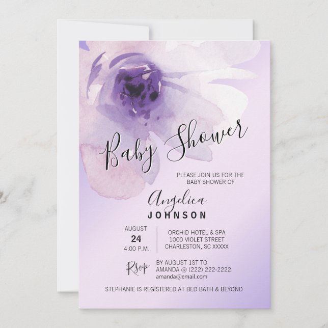 Watercolor Floral Purple Lavender Baby Shower Invitation (Front)