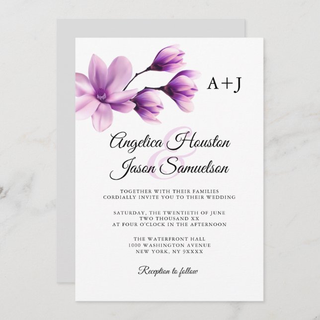 Watercolor Floral Purple Lavender Grey Wedding Invitation (Front/Back)