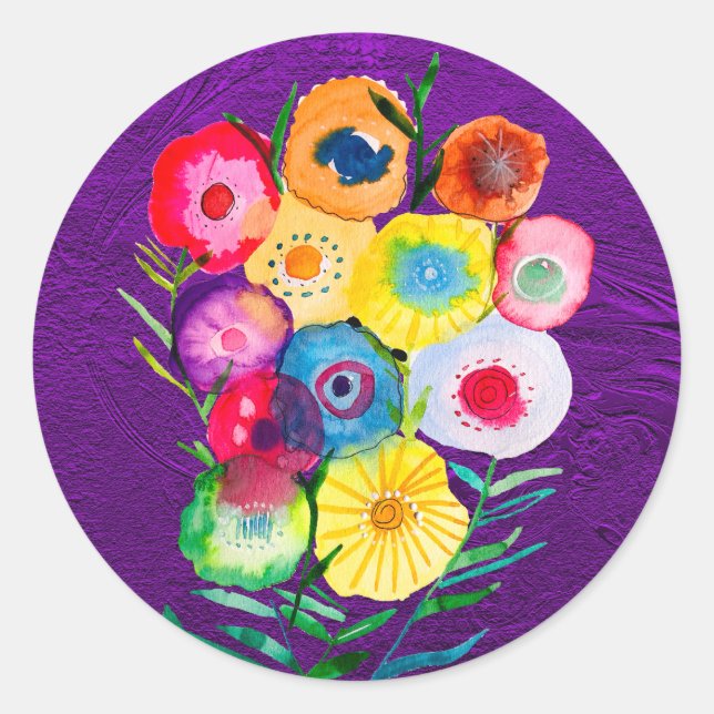 Watercolor floral purple lolly flowers classic round sticker (Front)