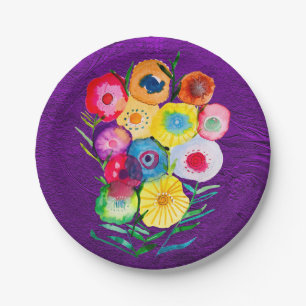 Watercolor floral purple lolly flowers paper plate
