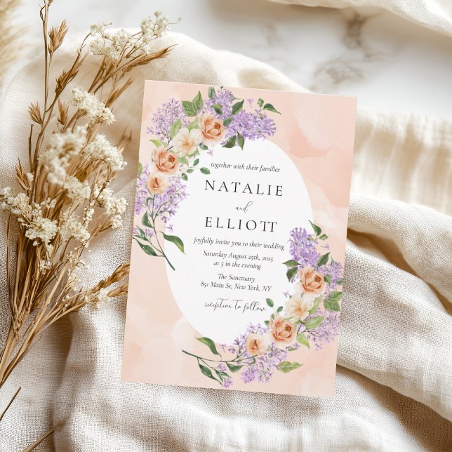 Watercolor Floral Purple & Peach Wedding Invitation (Creator Uploaded)