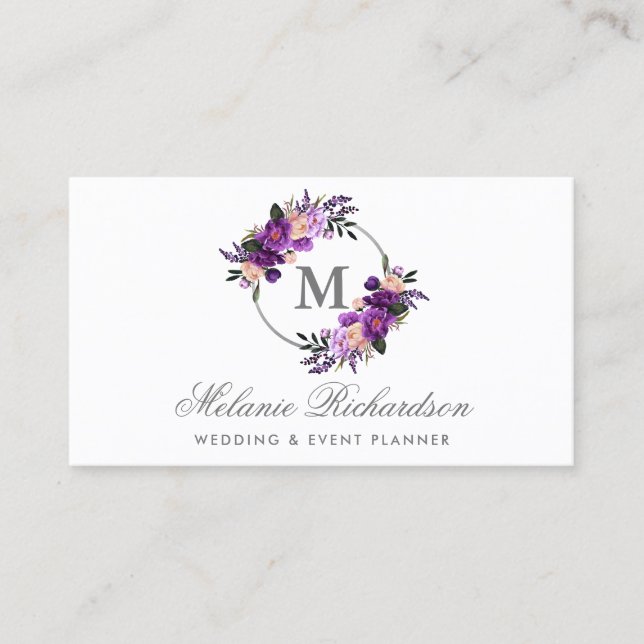 Watercolor Floral Purple Ultra Violet Monogram Business Card (Front)