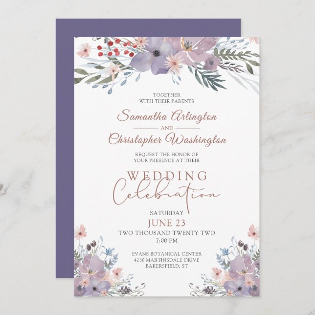 Watercolor Floral Purple Wedding Celebration Invitation (Front/Back)