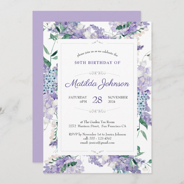 Watercolor Floral Purple Wisteria 50th Birthday Invitation (Front/Back)