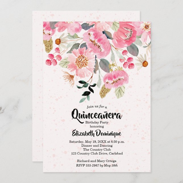 Watercolor Floral Quinceañera Birthday Invitations (Front/Back)