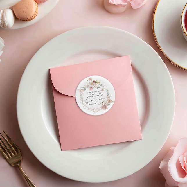 Watercolor Floral Quinceanera Classic Round Sticker (Creator Uploaded)