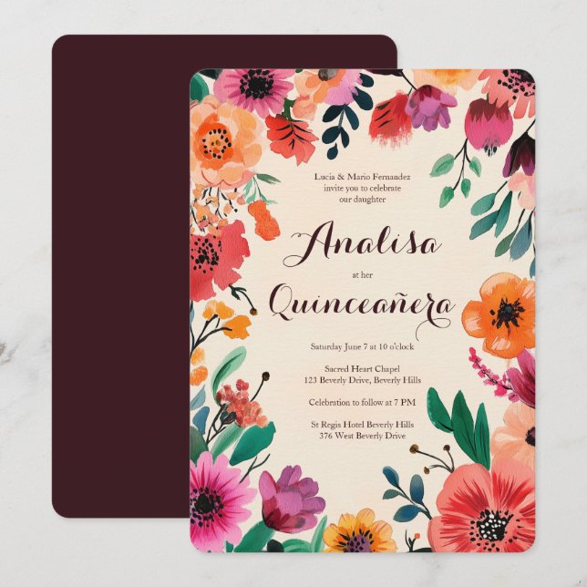 Watercolor Floral Quinceañera CUSTOM Invitation (Front/Back)