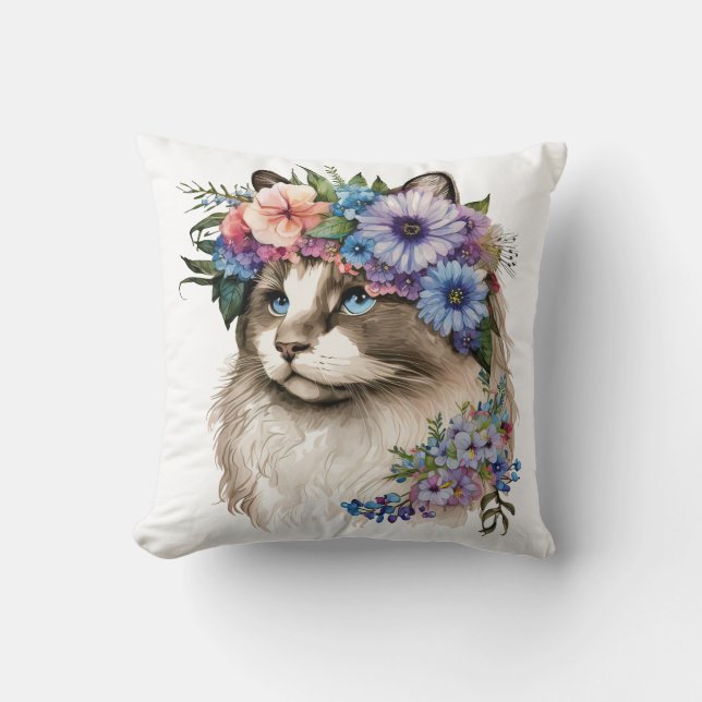 Watercolor Floral Ragdoll Cat Cushion (Front)