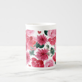 Watercolor floral red and pink flowers bone china mug