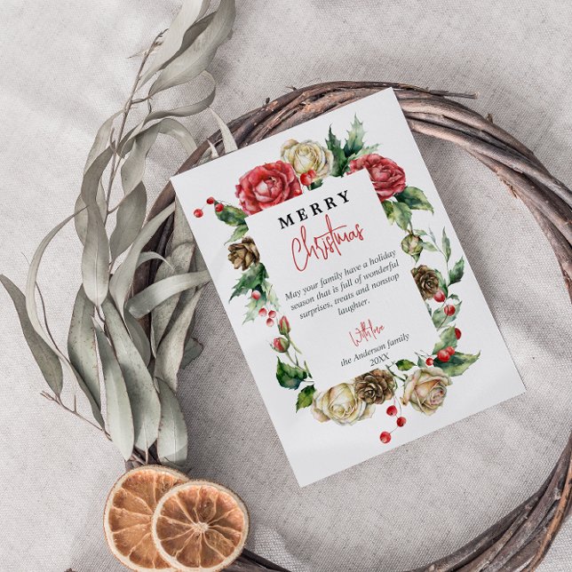 Watercolor Floral Red Berries Merry Christmas Holiday Card (Creator Uploaded)
