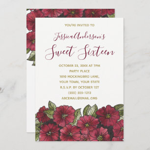 Watercolor Floral Red Gold Sweet 16 Birthday Invitation