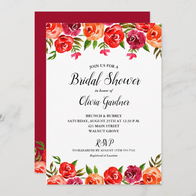 Watercolor Floral  Red Orange Bridal Shower Invite (Front/Back)
