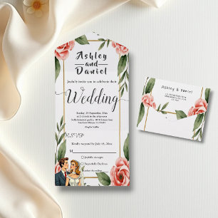 Watercolor Floral Romantic Bride And Groom Wedding All In One Invitation