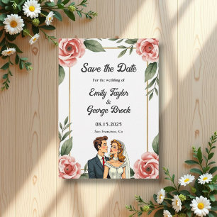Watercolor Floral Romantic Bride And Groom Wedding Save The Date