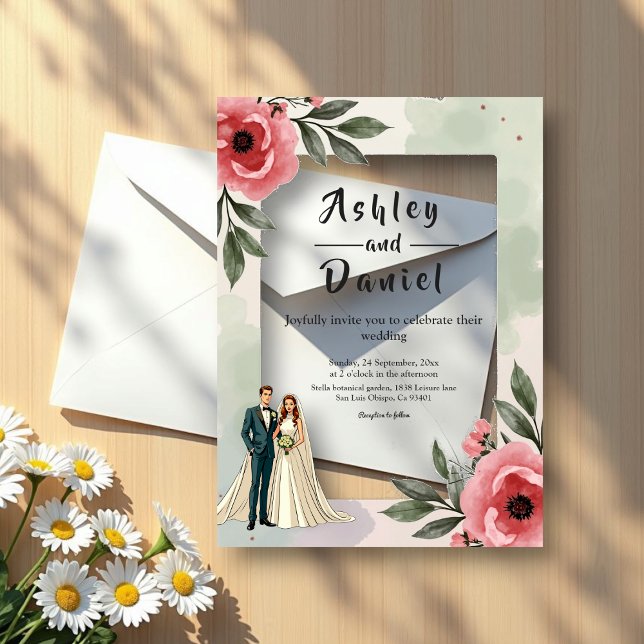 Watercolor Floral Romantic Couple Summer Wedding Acrylic Invitations (Creator Uploaded)