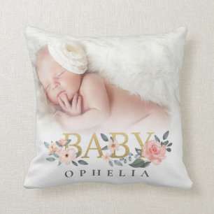 Watercolor Floral Rose Baby Photo Custom Name Cushion