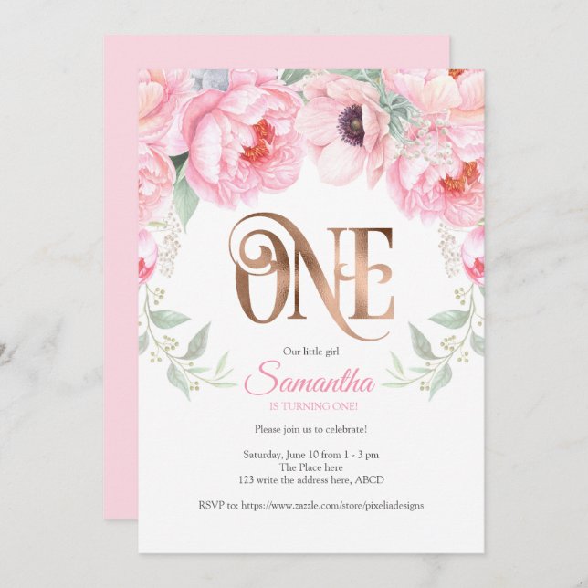 Watercolor Floral, Rose gold, Girl, First Birthday Invitation (Front/Back)