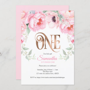 Watercolor Floral, Rose gold, Girl, First Birthday Invitation