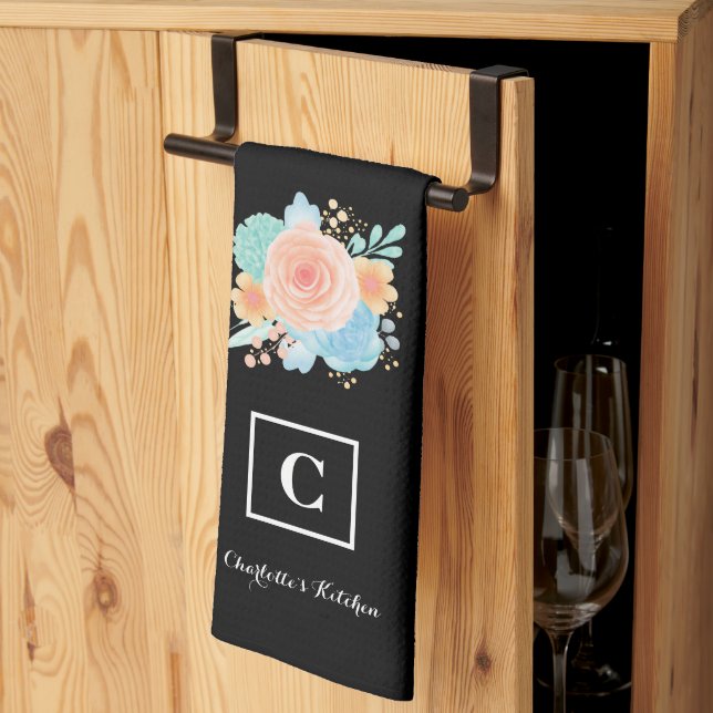 Watercolor Floral Rose Monogram Black Tea Towel (Thirds Fold)