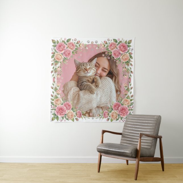 Watercolor Floral Rose & Paw Print Custom Photo Tapestry (In Situ)
