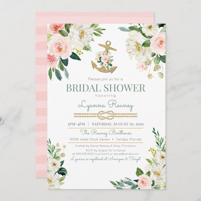 Watercolor Floral Roses Nautical Bridal Shower Invitation (Front/Back)
