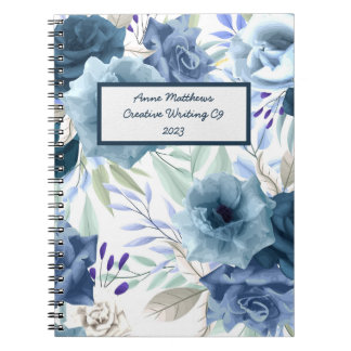 Watercolor Floral Roses Navy Powder Blue Name Notebook