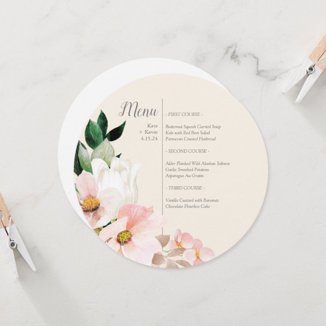 Watercolor Floral Round Menu Invitation (Front/Back In Situ)
