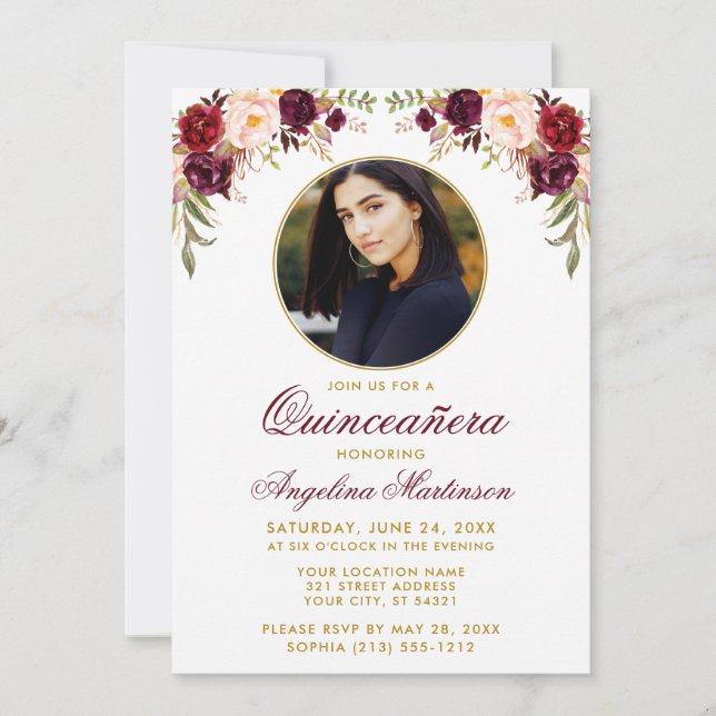 Watercolor Floral Round Photo Frame Quinceanera Invitation (Front)